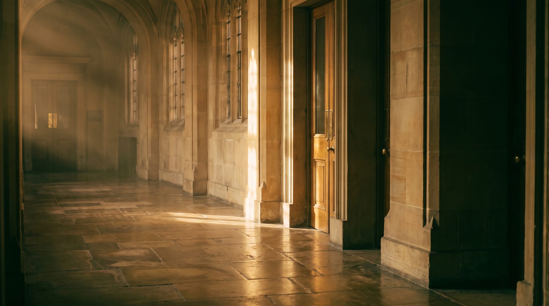 A historic court corridor in warm dusk light