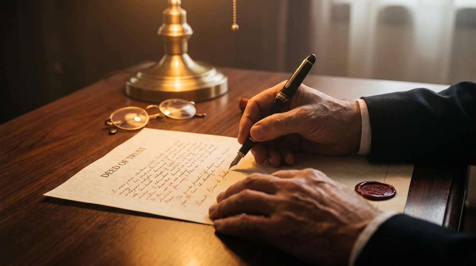 Hands signing a deed by lamplight
