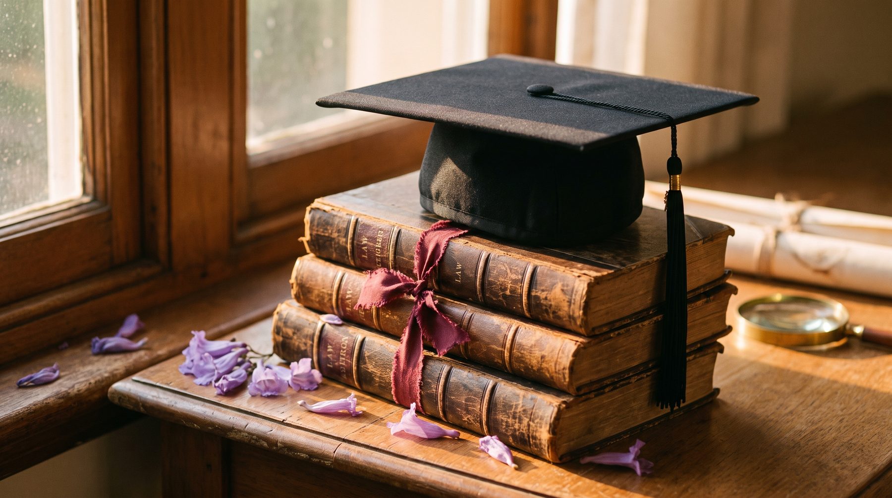 A graduation cap on a stack of law books, jacaranda blossoms beside it