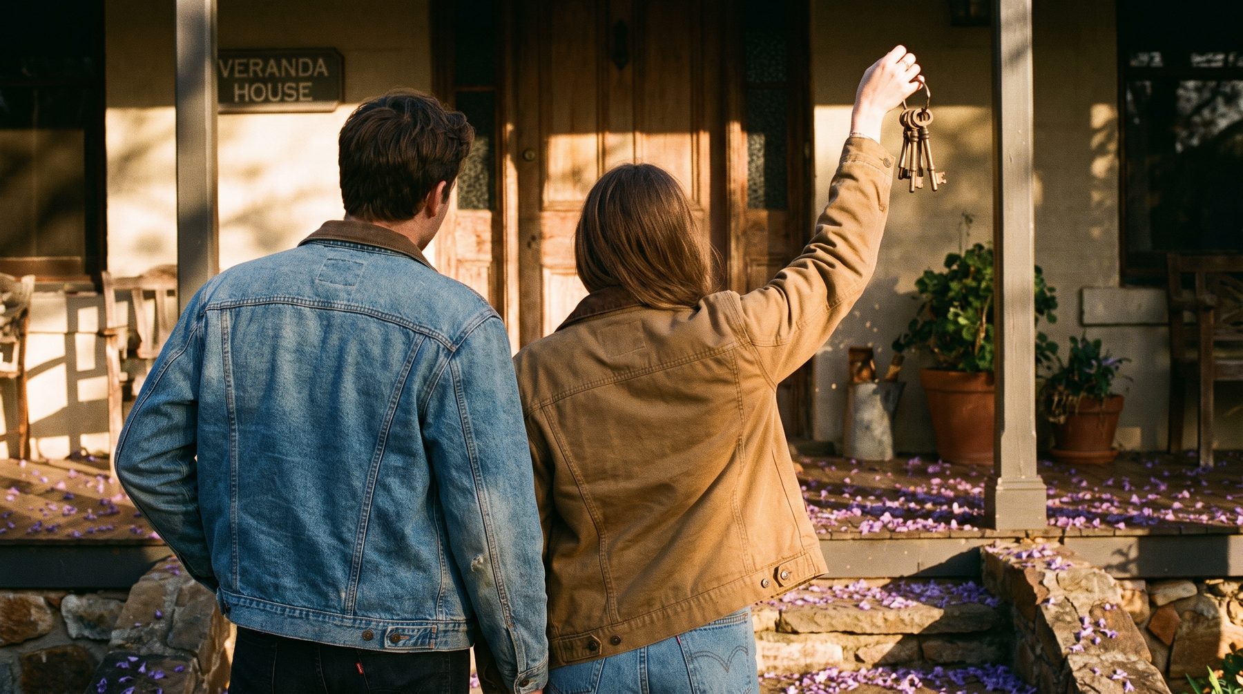 A couple on the veranda of their new home, holding up the keys