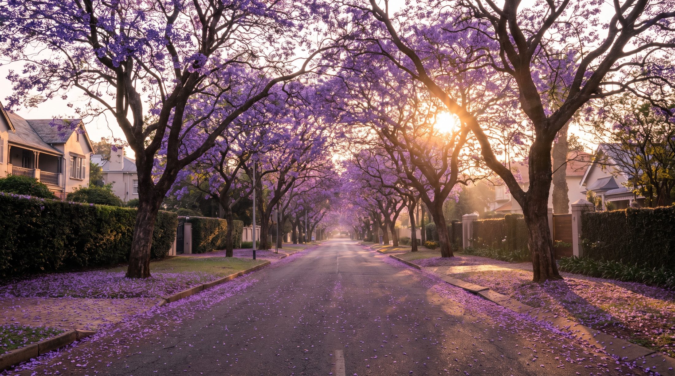 Jacarandas in bloom over a Pretoria avenue