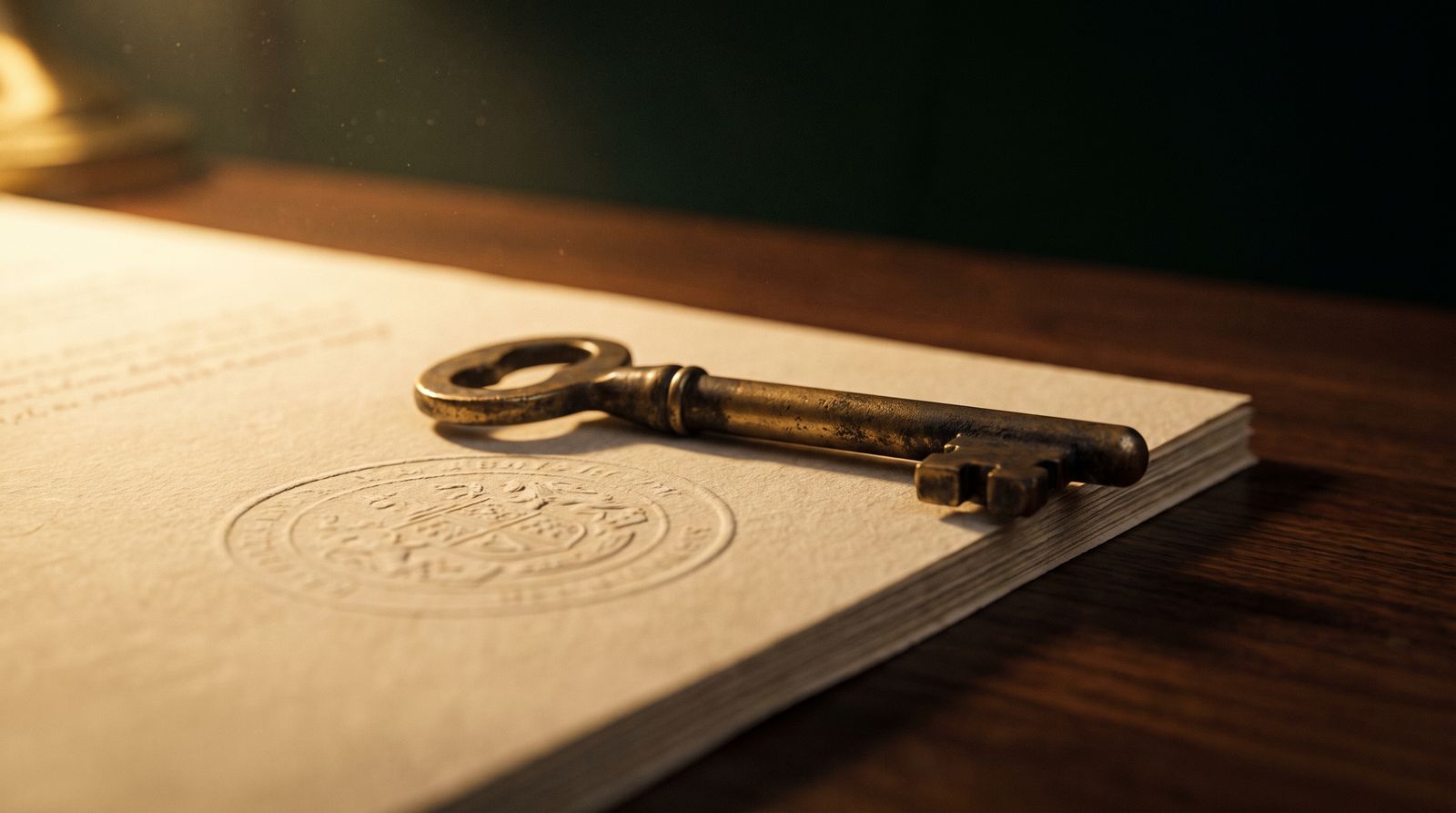 Brass key resting on a sealed title deed