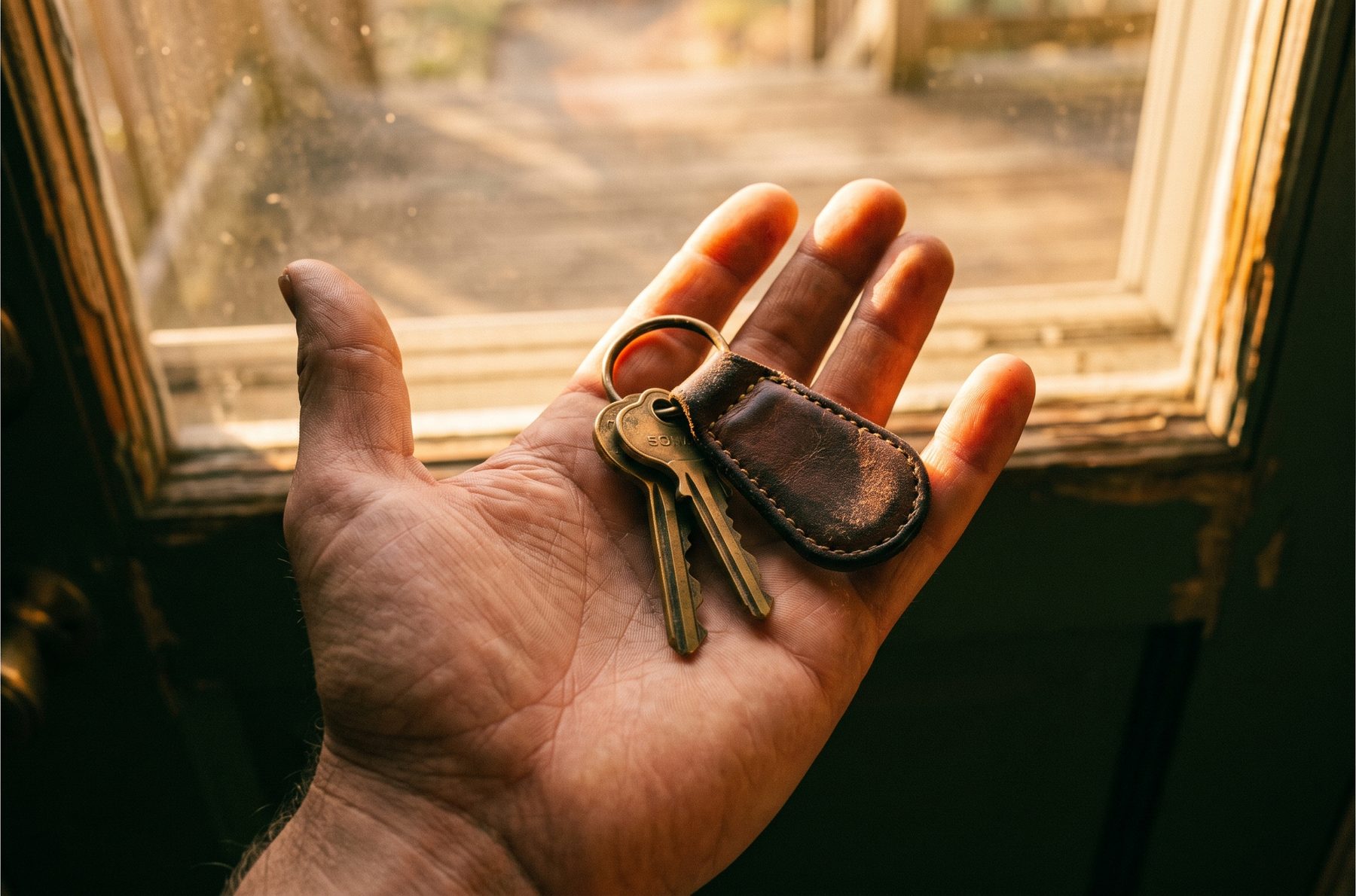 Brass house keys resting in an open palm