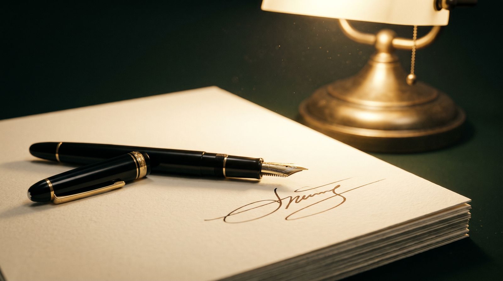 Fountain pen resting beside a fresh ink signature