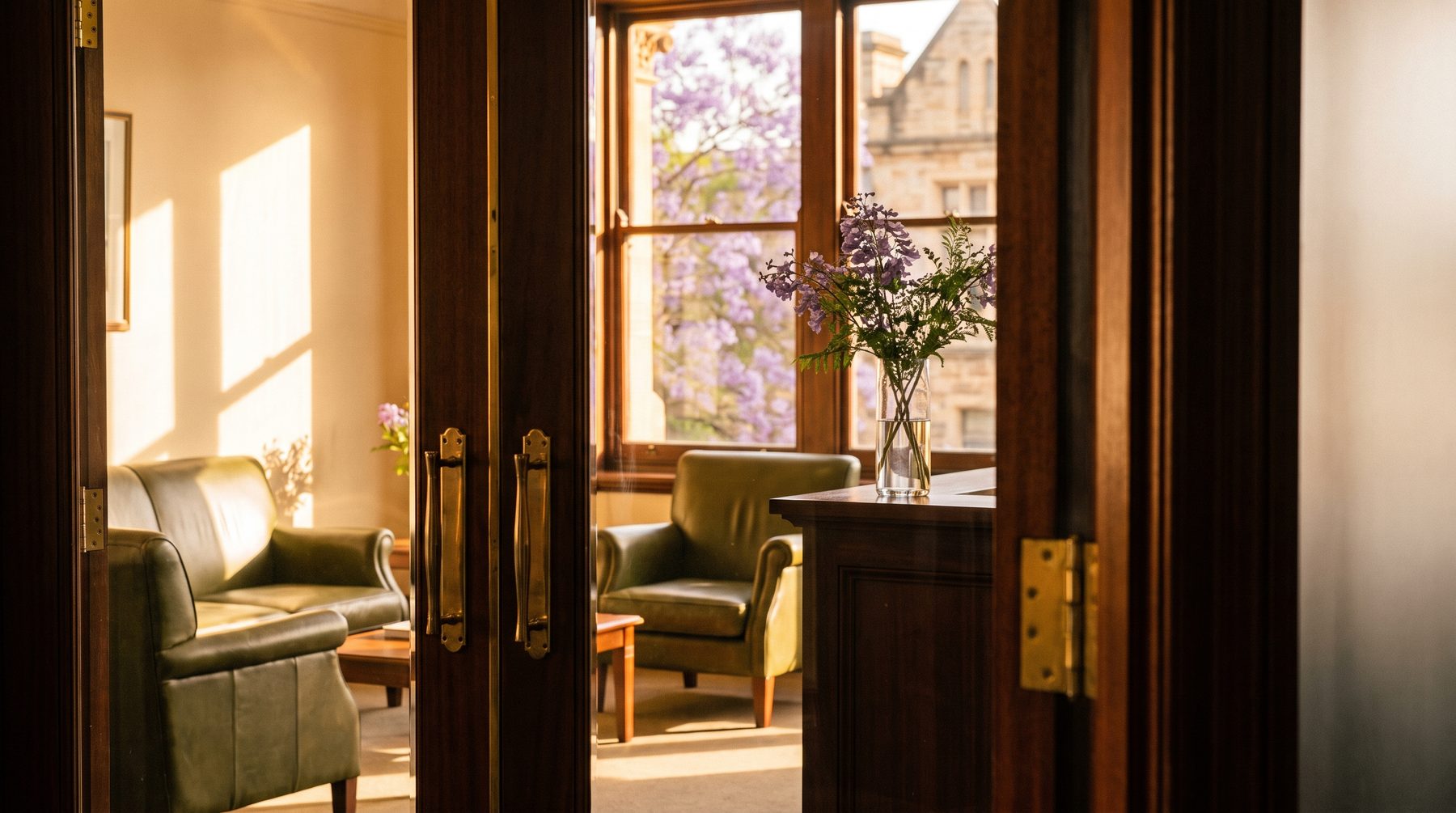 A warm, sunlit reception with jacarandas through the window