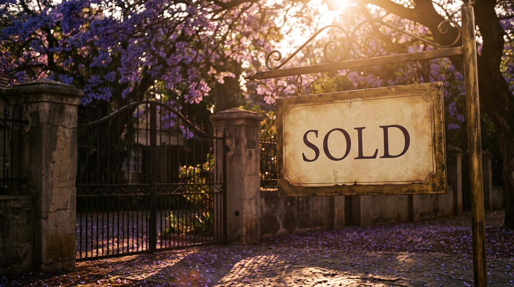 A SOLD sign on a garden gate beneath the jacarandas