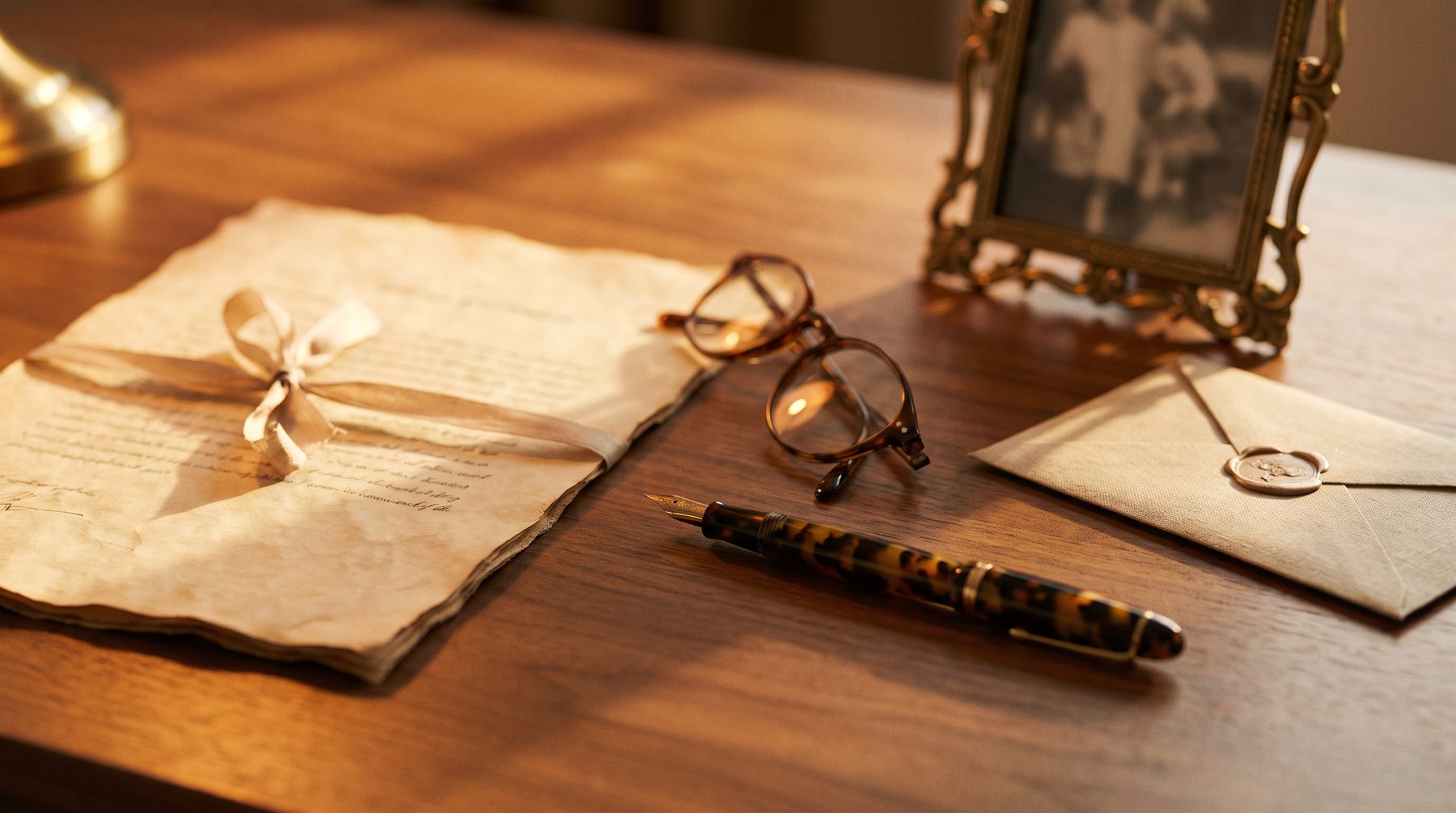 A will, a fountain pen and a family photograph on a warm desk
